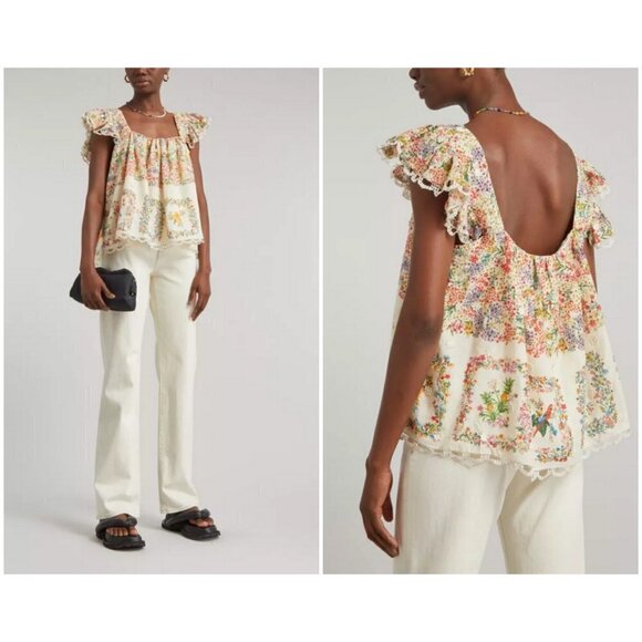 💕FARM RIO💕 Delicate Forest Scarves Blouse ~ Micro Floral Print Small NWT - Picture 2 of 16